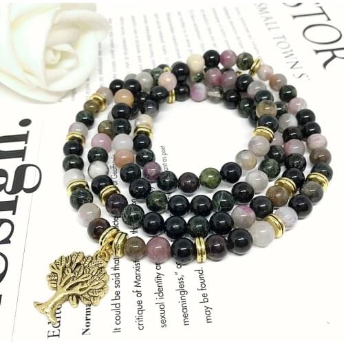 Natural Colorful Round 6mm Beads Tourmaline Stone Three Charm Bracelet Not Glass Long Necklace Fashion Jewelry 74 cm Bracelets