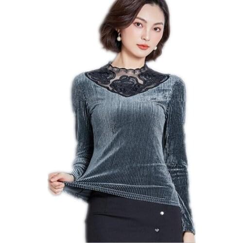 New Arrival Elegant Pleuche Women Shirts 2019 Short Autumn Blouses Long Sleeve Lace Half-Neck Shirt Hollow Out Shirts MujerQ1230