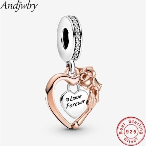Heart & Rose Flower Dangle Charm Pendant Fit Pandora Charms Original Bracelet 925 Siver Bangle DIY Jewelry Berloque