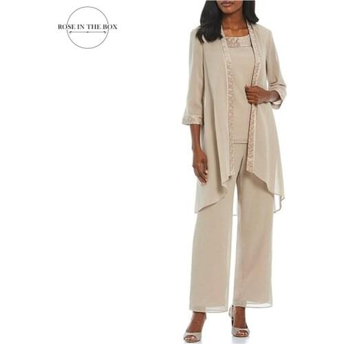 Modest 3 Piece Chiffon Mother of The Bride Pant Set Suit Plus Size Mother Evening Dresses Vestidos De Madrina