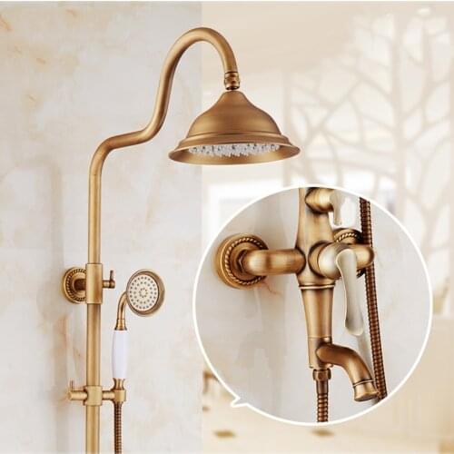Shower Faucets Luxury Antique Brass Bathroom Shower Mixer Faucet Set Rain Shower Head Round Wall Bathtub Faucet Handheld