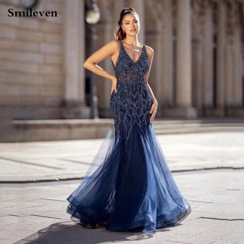 Smileven Navy Blue Mermaid Prom Dresses Sexy V Neck Crystal Formal Evening Evening Dress New Elegant Party Gowns