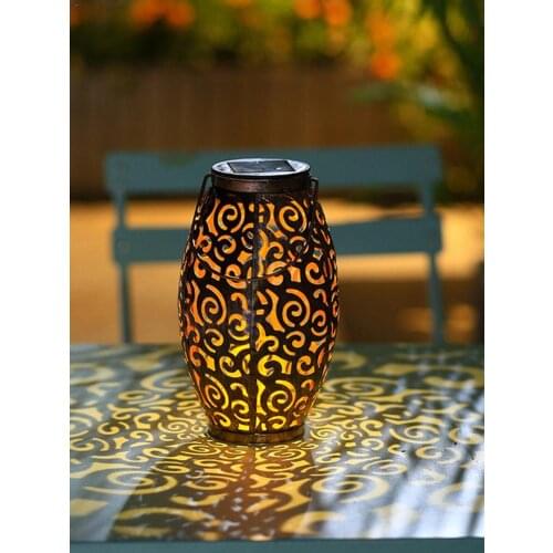Solar LED Iron Lantern Outdoor Garden Waterproof Hanging Light Hollow Fairy Projection Lawn Lamp Home Yard Christmas Decoration