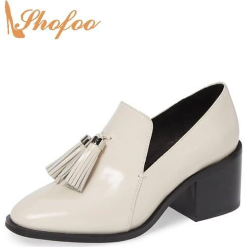 Beige High Chunky Heels Round Toe Pumps Woman Soft Artificial Leather Large Size 11 14 For Office Ladies Shoes Fashion Mature