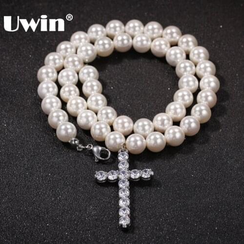 UWIN Fashion Jewelry 8mm/10mm White Pearl Necklaces With Iced Out Cubic Zirconia Cross Pendant Men Women Hiphop Jewelry