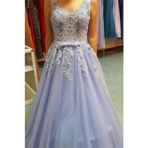 Lilac Tulle Appliques Beaded Prom Dresses 2021 A Line V Neck Formal Evening Party Dress Dress Robe De Soiree