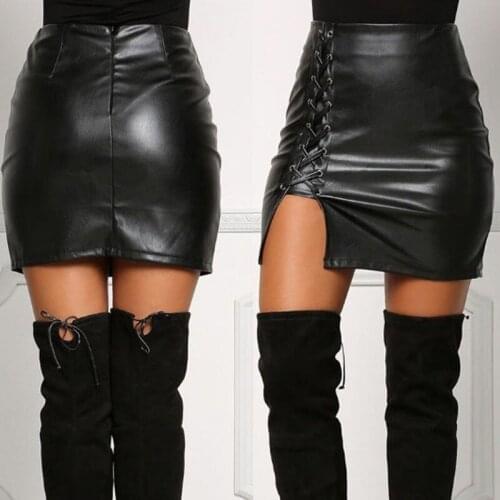 Women Leather Skirt Faux Autumn Winter Bandage Split High Waist Moto Biker Pencil Mini PU Sexy Club Streetwear Plus Size 5xl