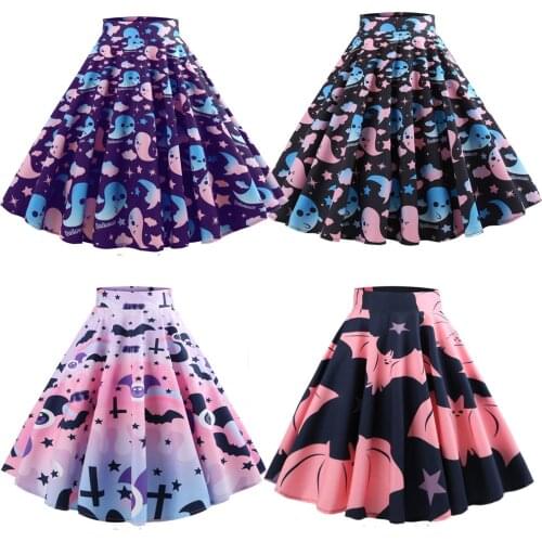 Halloween Skirt Ghost Bat Print High Waist Hepburn Vintage Zipper Cotton A-Line 60s 1950s Womens Christmas Vestidos