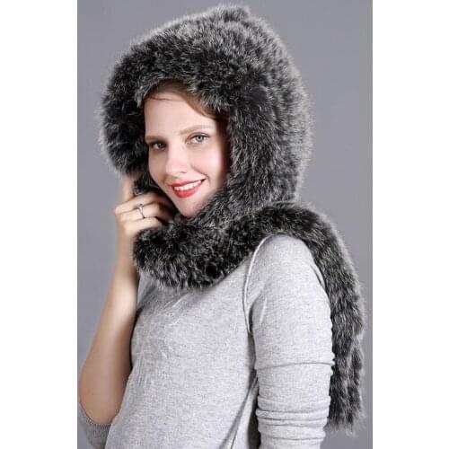 New Winter Women Hat Scarf Integrated Real Fox Fur Beanie Female Bomber Hat Fur Hooded Scarves Warm Knit Genuine Fur Caps Scarf