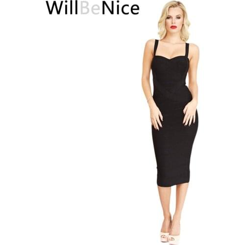 WillBeNice Black 2018 New Arrival Mid Calf Sexy Sweetheart Neckline Spaghetti Strap Lady Long Party Bodycon Bandage Dresses