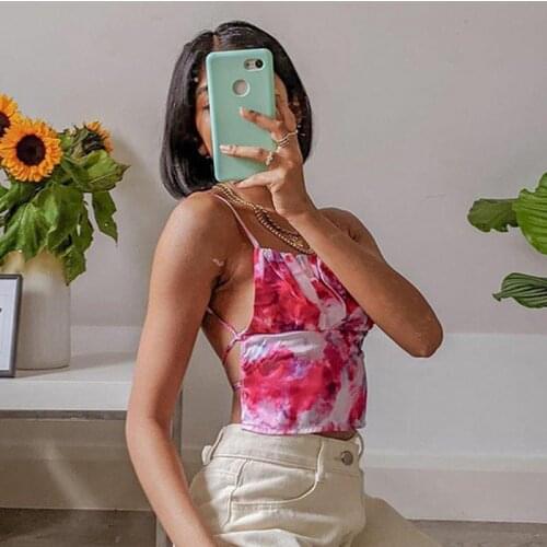 E-girl Vintage Tie Dye Satin Milkmaid Tops Y2K Fashion Bandage Backless Ruched Cropped Camis Top Sweet Partywear Slim