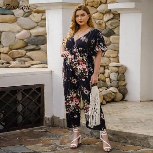 Plus Size Summer Casual Short Sleeve Jumpsuits Women Flower Print Deep V-neck Rompers Tie Waist Wide Leg Loose Jumpsuit 2020 New