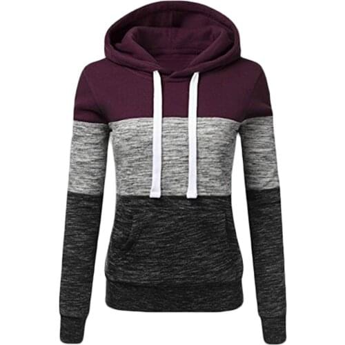 Red wine Womens Autumn And Winter Colorblock Hooded Drawstring Sweater Long Sleeve Loose Sweater Warm Hooded Sweater 2019 NEW