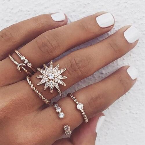 FNIO New Retro Design Crystal Star Moon Ring Set Womens Ring Bohemian Jewelry