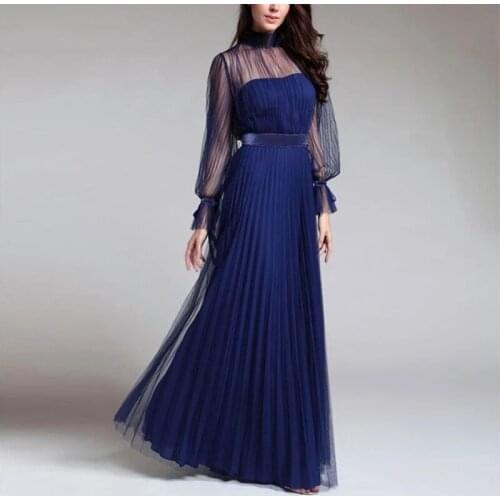 Women Blue Long Sleeve Dress Spring Elegant High Waist Net Yarn Perspective Robes Ladies Fashion Sexy Night Out Dresses Vestidos