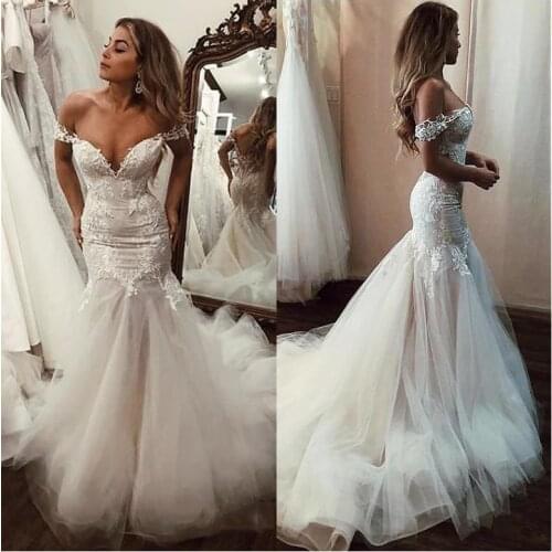 SoDigne Off The Shoulder Appliqued Lace Mermaid Wedding Dresses 2020 Mermaid/Trumpet Train Illusion bridal gown dress White
