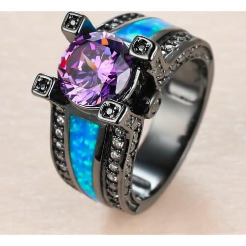 Vintage Female Purple Round Crystal Ring Charm 14KT Black Gold Wedding Rings For Women Punk Blue Opal Stone Engagement Ring