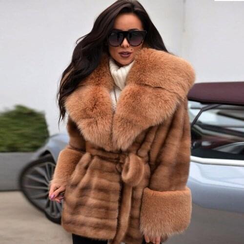 2020 Real Mink Fur Coat With Fox Fur Collar For Women Winter Turn Down Collar Jacket With Fur Belt Warm Female Outwear Solid