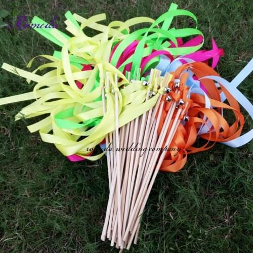 50pcs/lot Mixed Various Colors wedding ribbon wands stick with big sliver bell for wedding decoration