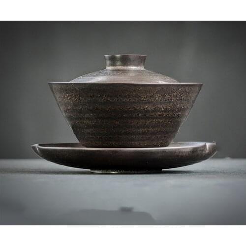 Handmade large Sancai cover bowl teacup anti-scalding ceramic single tea cup Kung Fu tea set rough pottery tea ceremony