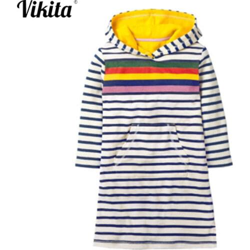 VIKITA Girls Dress with Pockets Children Autumn Hoodies Dresses Kids Striped Vestidos Girls Cotton Dress Children Clothing