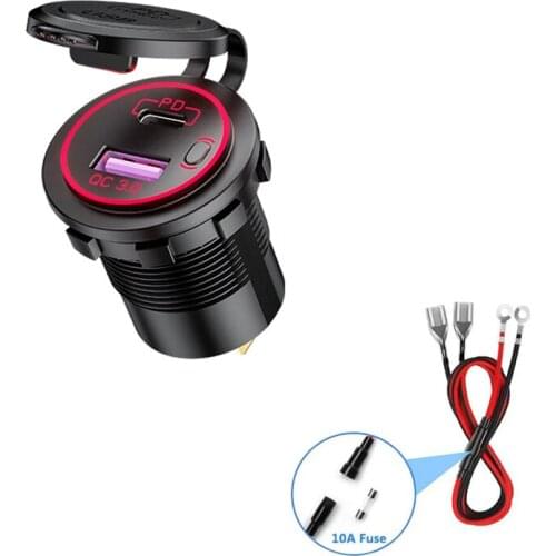 DIY 12V/24V PD Type C Car Charger ON/OFF Switch QC 3.0 Quick Charger Waterproof 36W Charger Power Delivery with Fuse 60cm Cable