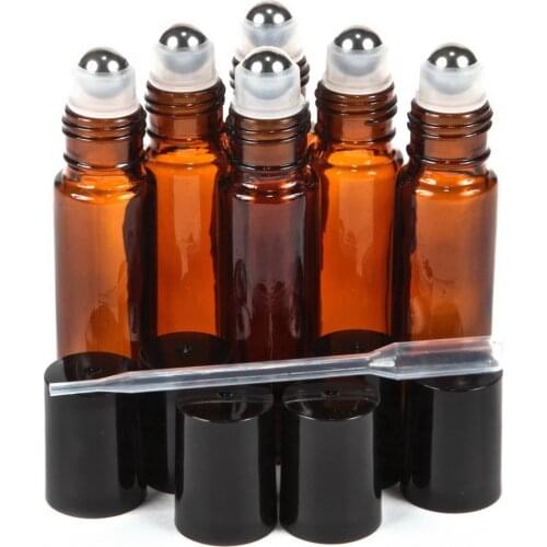 6pcs 10ml Amber Glass Roll On Bottle Empty Refillable Essential Oil Roller Bottles with Stainless Steel Roller Balls for Perfume