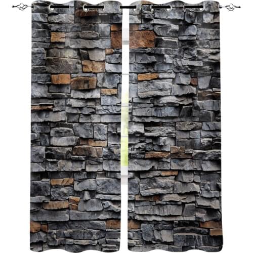 Brick Wall Black Retro Style Stones Window Curtains LivingRoom Kitchen Curtains Left and Right Biparting Open