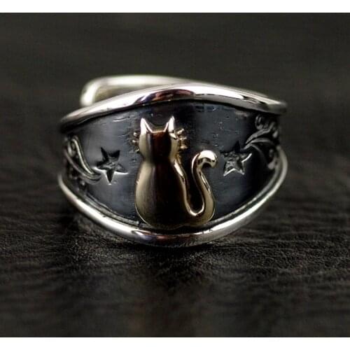 Genuine new new night sky and cat 925 sterling silver female silver ring