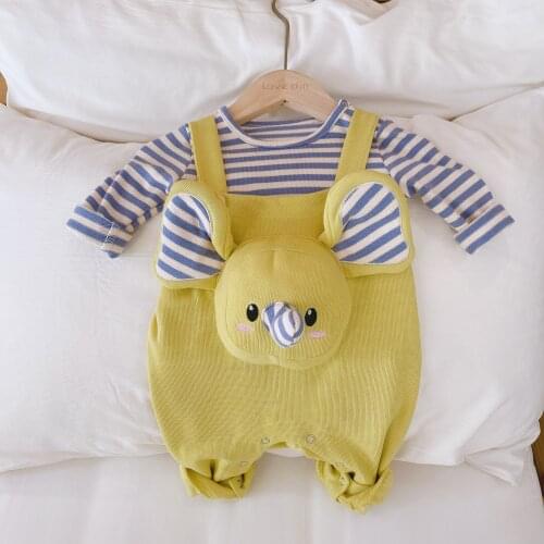 Spring Autumn Newborn Outfits Baby Girls Boys Shirts Cartoon Elephant Striped Top + Strap Jumpsuit Sets Lovely Clothing for Gift