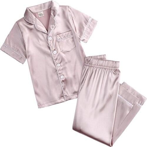 Summer Pajama Sets for Girls Silk Satin Top+Pant Long sleeve Solid Silky Pyjamas Nightgown Children Sleepwear for Boys Homewear