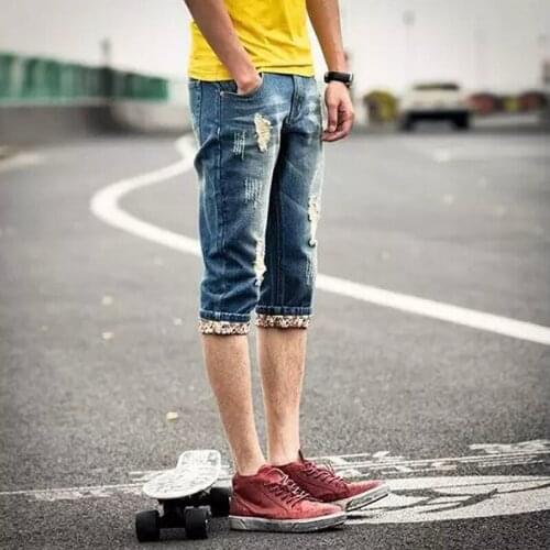 HOT 2020 Fashion Summer Jeans mens casual Moustache Effect Calf Length Pants Hole Ripped Jeans Men Skinny boys Light Blue Capri