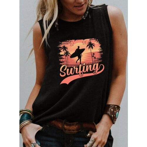Surfing Tank top Summer Surfing Trendy Sleevele shirts Summer Holiday Vacation women fashion casual vintage tops
