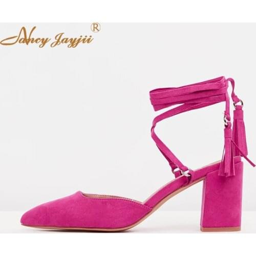 Fringe Red Mid Heels Block Heel Ankle Straps Summer Pumps Woman Office Lady Shoes Pointed Toe Fashion Big Size 45 44 Dress Cute