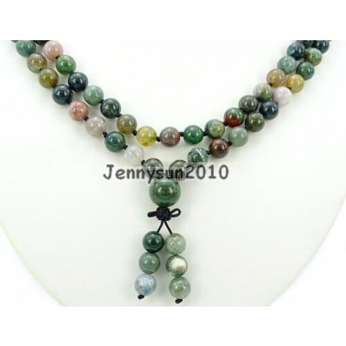 Natural Indian Ag-ate 8mm Gems Stone Buddhist 108 Beads Prayer Mala Knot Necklace Multi-Purpose 5Strands/Pack