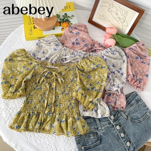 2021 New Summer Sweet All-match bandage slash neck puff sleeve Shirt ruched slim floral Ruffles Shirt Top