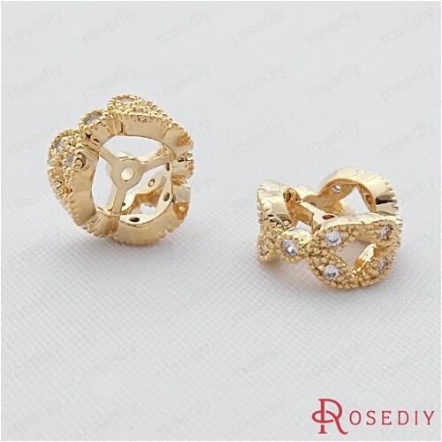 Wholesale 10mm x 5mm 24K gold color Round Flower Copper Base Micro inlay Class A Zircon Spacer Beads Diy Findings 1pc(JM7017)