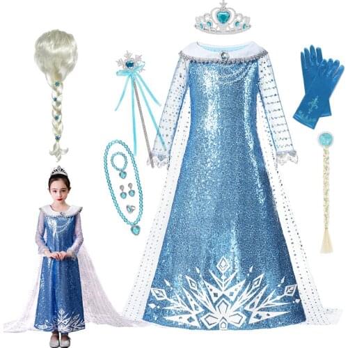 Disney Frozen Girl Dress Elsa Kids Cosplay Fancy Clothings Halloween Carnival Princess Max Sequins Necklace Costume JYF