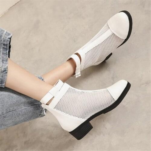 PXELENA European Rome Women Spring Summer Mesh Boots Chunky Med Heels Daily Gladiator Sandals Lady Shoes Punk Gothic Pink White