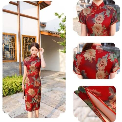 Plus Size 4X Fashion Chinese Womens Traditional Dress Middle length Flowers Cheongsam Chinese Cheongsam Dress