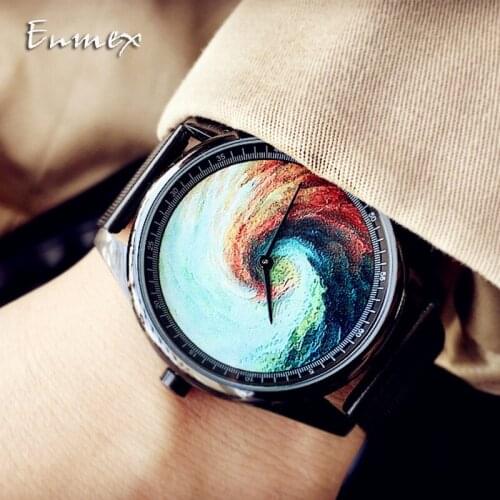 Enmex Individualization design steel wristwatch 3D Rainbow whirlpool creative design Oil Painting fashion quartz clock watch