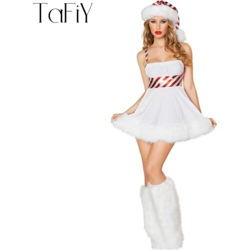 TaFiY 3 PCS Brand New Sexy Women Christmas Santa Costume White Women Xmas Cosplay Umiform Halloween Costume Size M L XL