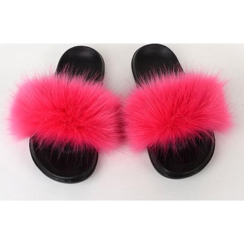Womens Fake Fox Fur Slippers Plus Size Summer Open-Toed Fluffy Fur Sandals Casual Black Furry Indoor Sandals and Slippers