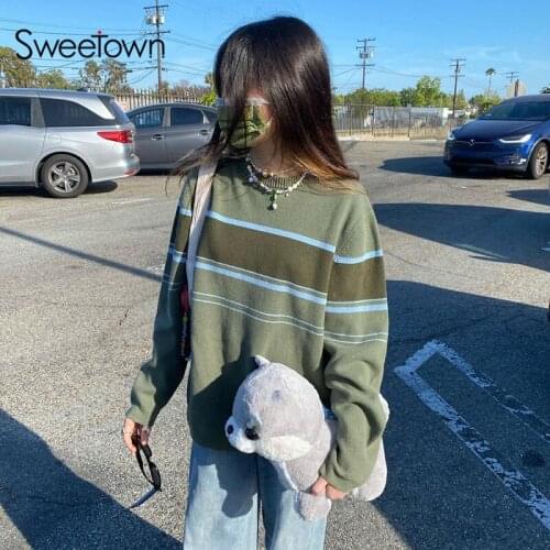 Sweetown Vintage Green Stripe Oversized Knitted Ugly Sweaters Women Autumn Winter Lantern Sleeve Korean Fashion Pullover Jumpers