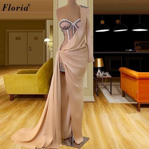 Elegant One Shoulder Evening Dresses 2021 Mermaid Crystals Evening Gowns Long Arabic Celebrity Dresses For Women Party Vestidos