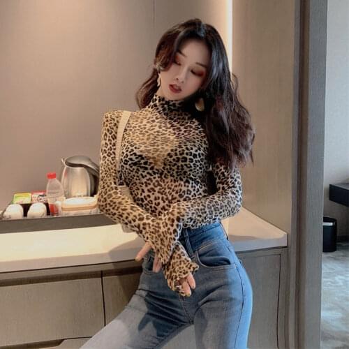 2020 Fashion Women Leopard Animal Print Mesh High Collar Sexy Slim Nightclub Party Perspective Tops Long Sleeve T-shirts Tee