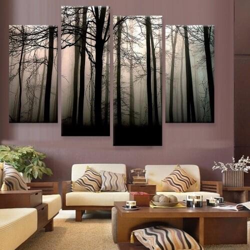 Type Poster HD Canvas Painting Wall Art 4 Pieces/Pcs Forest Dawn Tall Tree Modern Printing Pictures Modular Artwork Home Decor