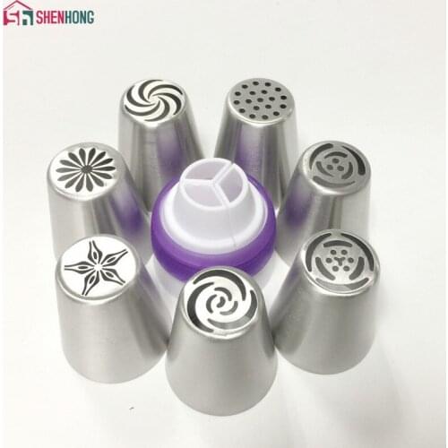 7PCS Russian Nozzles + 1 Adaptor Converter Stainless Steel Icing Piping Tips Cake Decorating Pastry Kitchen Accessories Tools