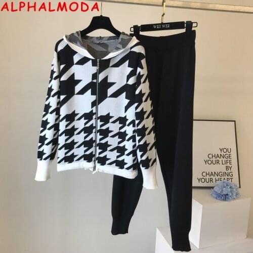ALPHALMODA Autumn Winter New Houndstooth Hooded Kniting Zipper Cardigans + Trousers Women Chic Tracksuits 2020 Fashion Pants Set