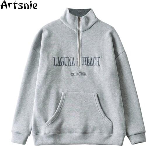 Artsnie Streetwear Casual Embroidery Sweatshirts Women Turtleneck Long Sleeve Oversized Hoodies Vintage Gray Fleece Sweatshirts